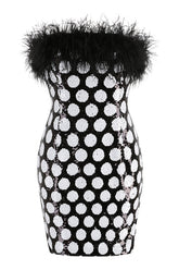 Feather Trim Polka Dot Sequin Dress